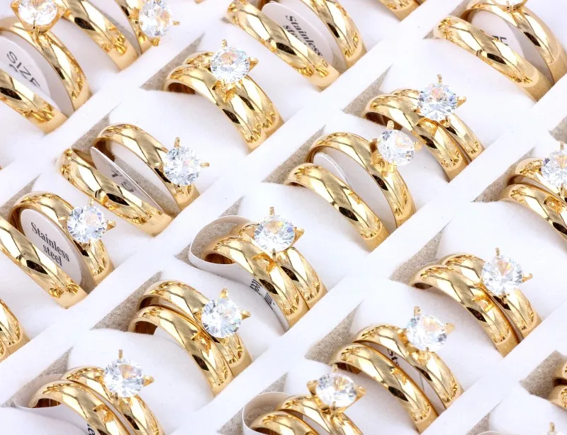 Wholesale Bulk Couple rings Women's 12Sets Gold CZ Stone Husband Birthday Xams Gift Men's Fashion Valentine's Wedding ring |