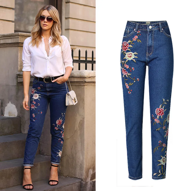 BetiKama модные 3D джинсы с цветочной вышивкой Femme 2017 винтажные джинсовые штаны