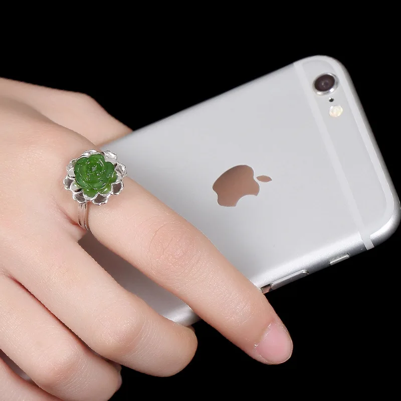 Женское кольцо с натуральным драгоценным камнем зеленое Jade Jasper розовым цветком