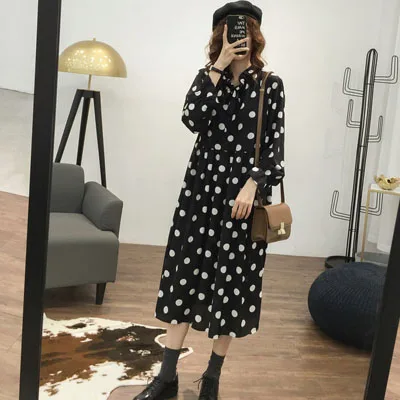 Black Новинка, весенние платья размера плюс 4XL, женские богемные платья с бантиком, дамские платья, шифоновые свободные платья в горошек длиной до колена, уличная брендовая одежда - Цвет: Black