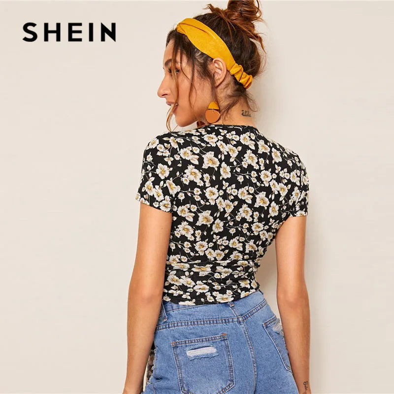 SHEIN Женская короткая футболка с цветочным принтом и завязками спереди, облегающий топ с v-образным вырезом, короткий рукав, летняя женская футболка