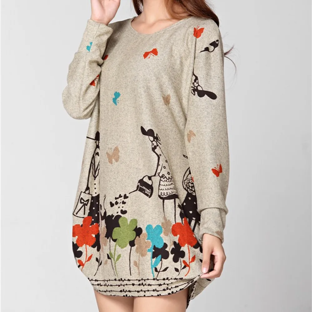 

new 2018 winter autumn women casual long sleeve mini dress plus size loose fashion dresses tunic elegant wool print