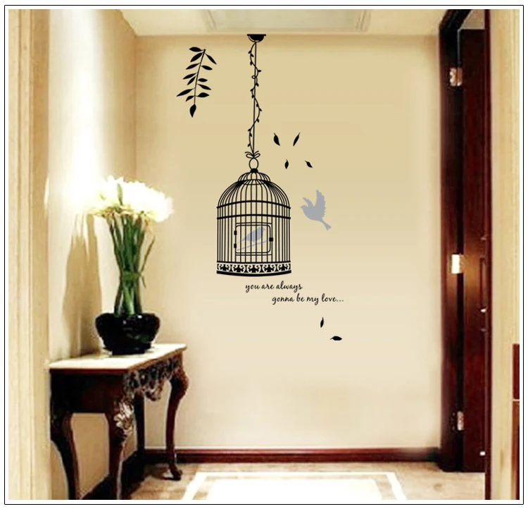 Мультфильм черные птицы Клетка цветок DIY ветка Наклейка на стену для детской