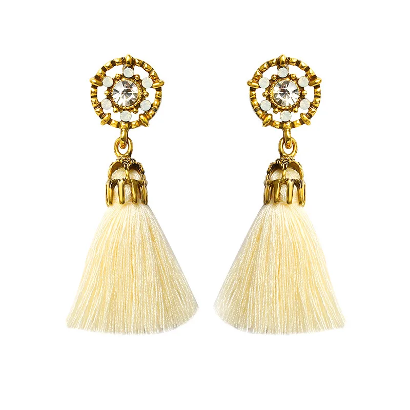 

Fashion Bohemian Crystal Tassel Earrings Black White Blue Red Silk Fabric Long Drop Dangle Tassel Earrings For Women Jewelry