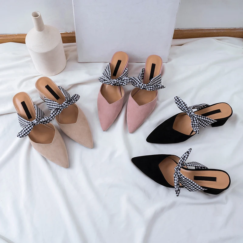 ISNOM Plaid Kid Suede Slippers Woman Pointed Toe Butterfly Knot Footwear High Heels Slides Shoes Female Mules Women Summer | Обувь