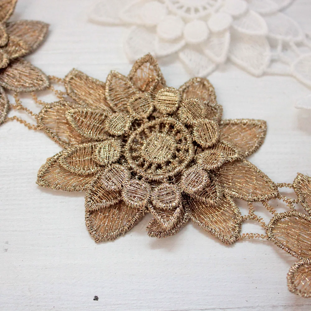 3 Layers 3D Floral Lace Trim Ribbon White Gold Embroidered Water Soluble Sew on Flowers Appliques For Clothing Dress Motifs | Дом и сад