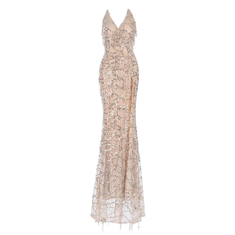 

Beateen 2019 Summer New Sexy Women V Neck Halter Thin Cross Back Strap Backless Side Slit Mesh Sequined Evening Maxi Dress