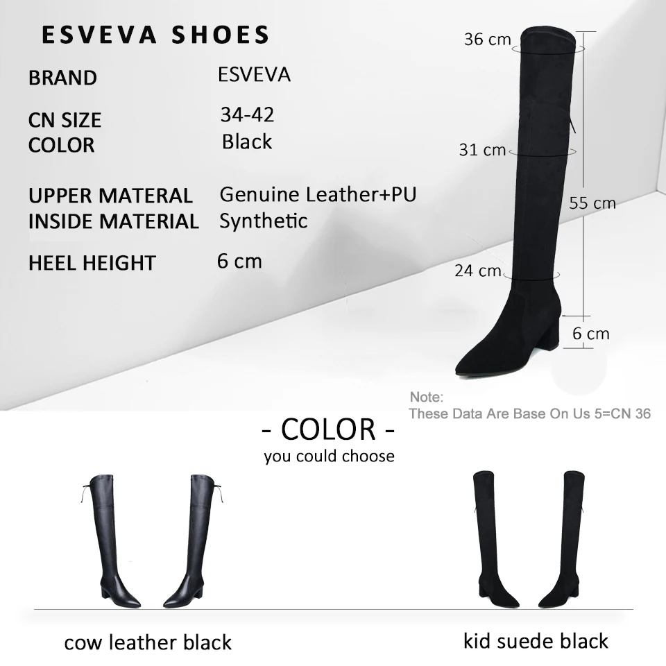 

ESVEVA 2019 Women Boots Zipper Over The Knee Boots Stretch Fabric Winter Shoes Pointed Toe Square High Heels Long Shoes 34-42