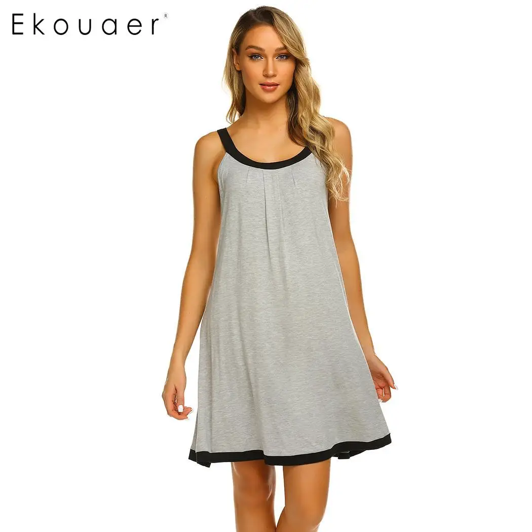 light gray Ekouaer летняя Пижама женская ночная рубашка с круглым вырезом без рукавов спереди Плиссированное свободное Ночное платье домашняя одежда - Цвет: light gray