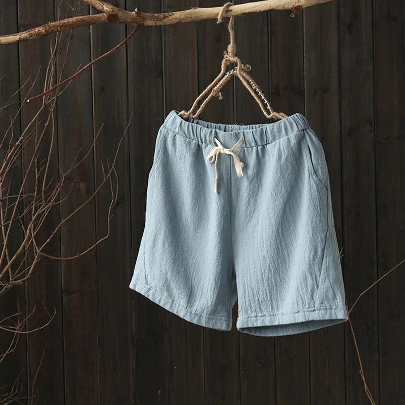 Light blue Johnature, женские летние шорты с эластичной резинкой на талии, 6 цветов, с карманами, хлопок, лен, лето, новинка размера плюс, женские повседневные шорты - Цвет: Light blue