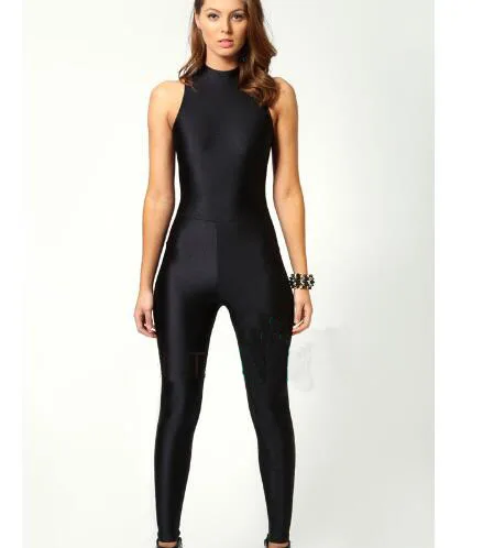 Черный сексуальный женский костюм зентай из спандекса с высокой горловиной без