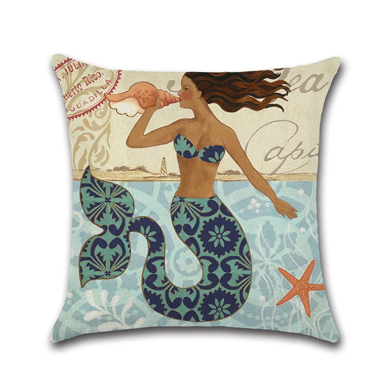 New Classical 4 colors Mermaid Cushion Cover Printed Soft Linen Throw Pillowcase living room Seat Pillow Decorative funda cojin | Дом и сад