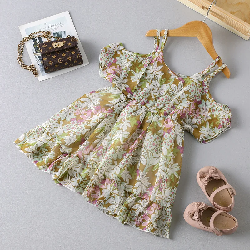 2018 summer Korean version of the new girl floral strapless straps lotus leaf chiffon fashion princess dress | Детская одежда и