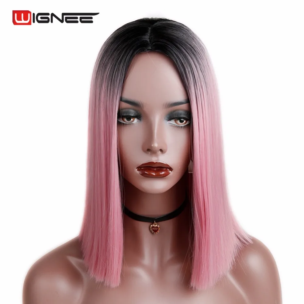 Wignee 2 тона Ombre розовые короткие прямые волосы синтетические парики для черных женщин высокая плотность натуральные волосы мягкие модные парик