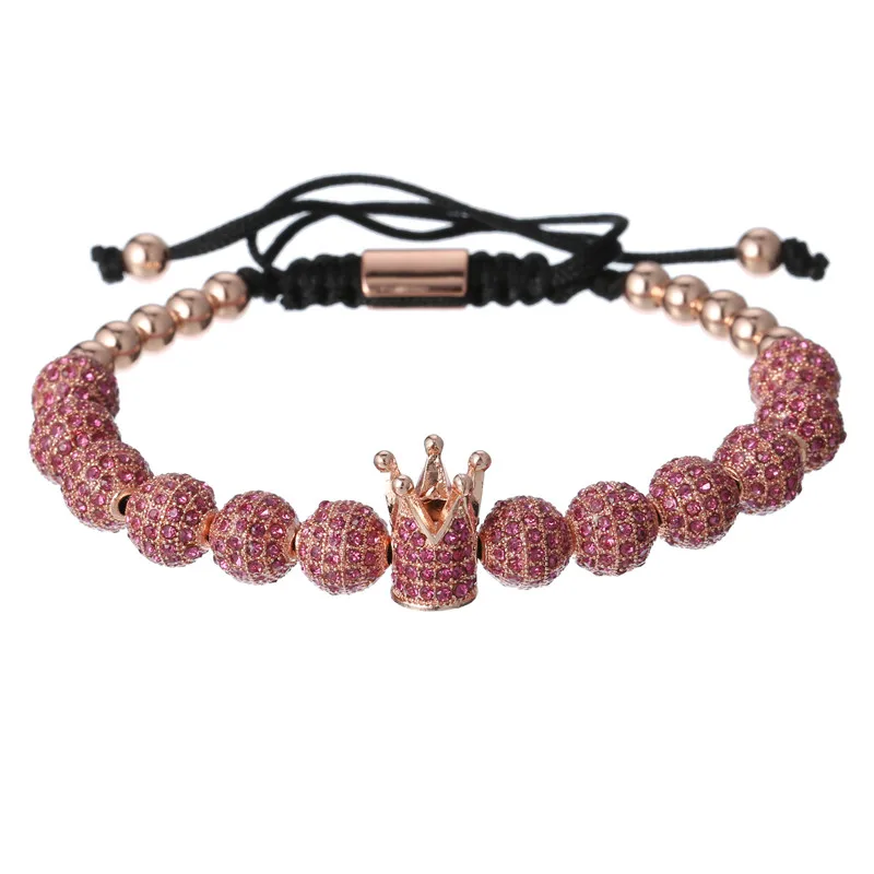 CZ циркония король корона и шар амулеты Браслеты 5 мм медные бусины плетение