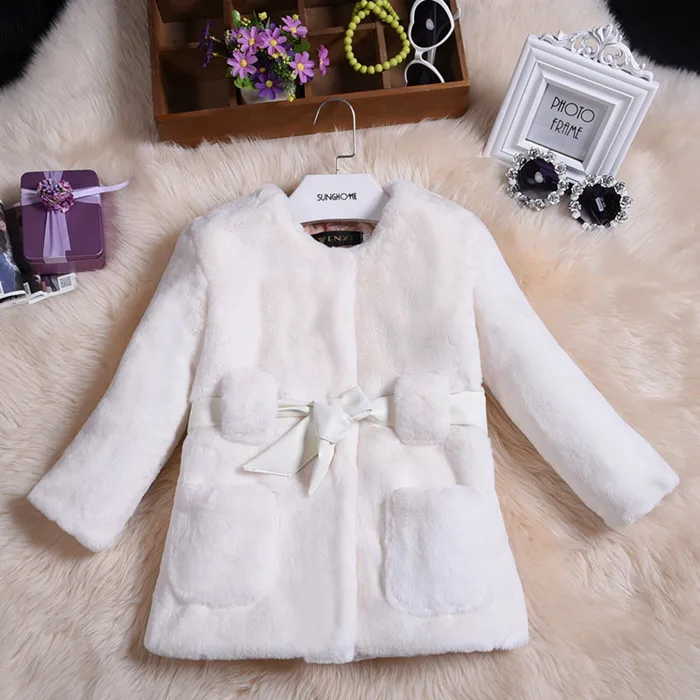 Furry 2018 Baby Girls Rabbit Fur Children's Coat Faux Medium-long Style Long Sleeve O-neck Kids Warm Windbreaker XL401 | Детская