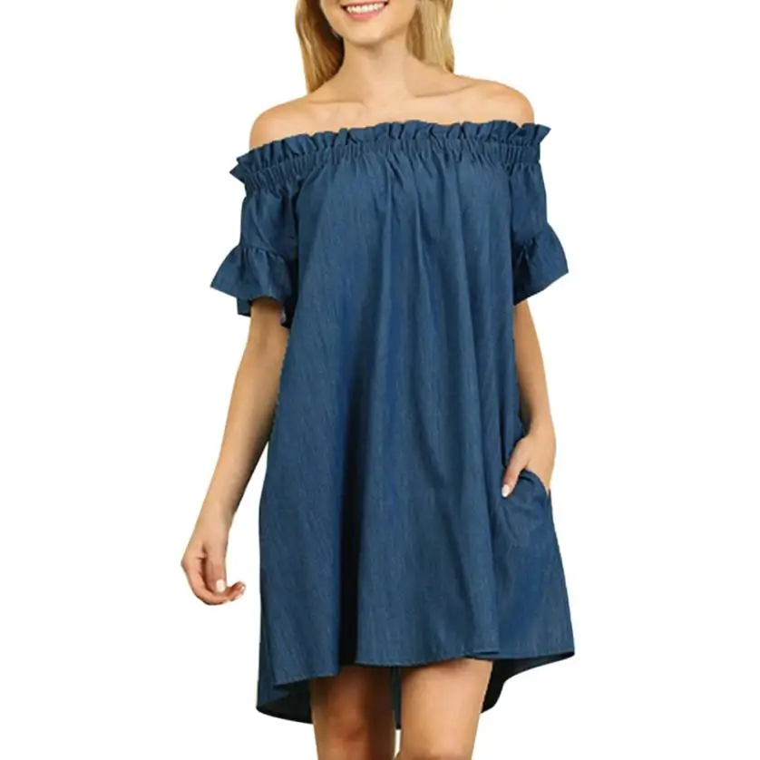 &amp35 Plus Size Dress Womens Beach Off The Shoulder Bardot Denim Look Shirt Tops Vestidos De Festa Платье Vadim - купить по