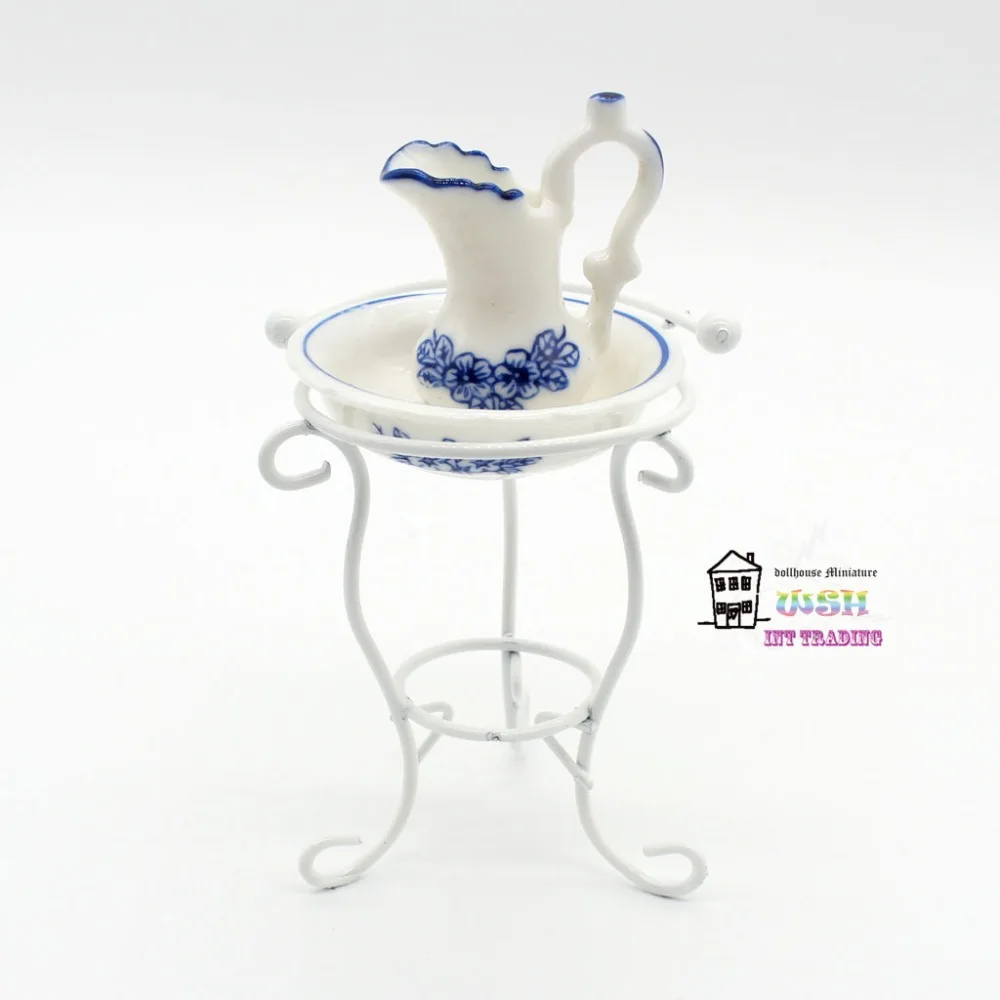 Miniature Dollhouse 1:12 Bathroom Accessories Set blue flower Washstand / Washbasin Kettl Dolls Bath Decoration Gift Kits 3 pcs | Игрушки и