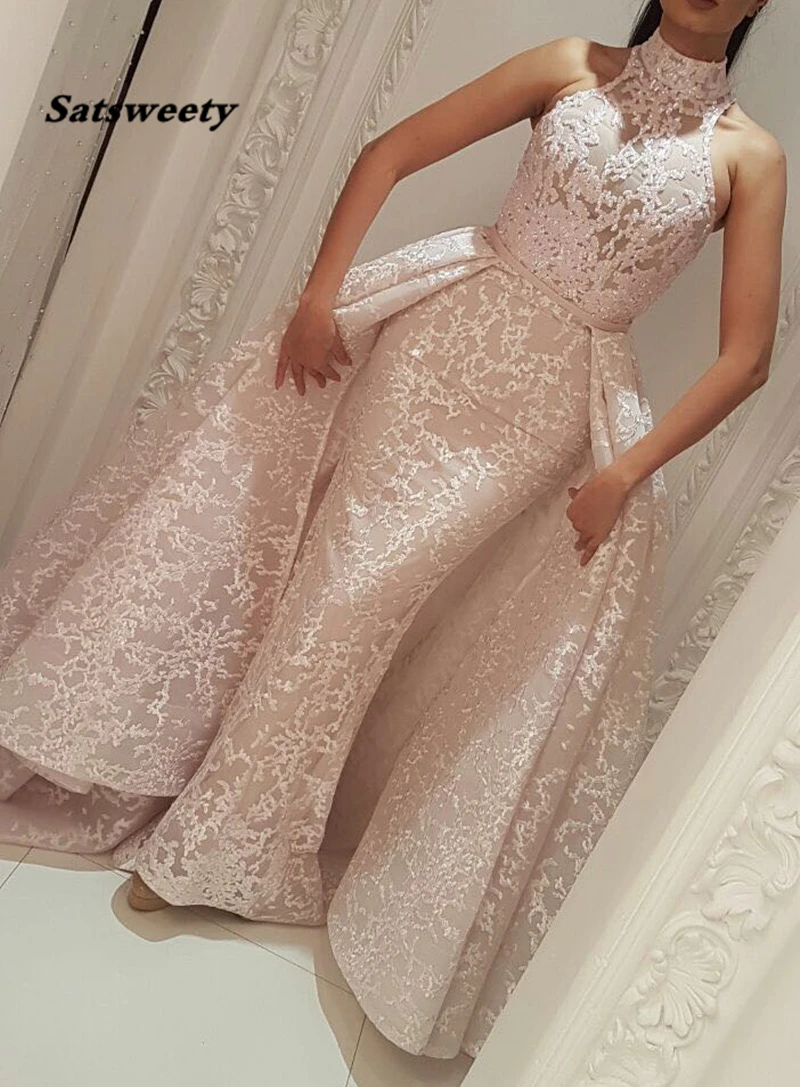 Muslim Evening Dresses Mermaid High Neck Detachable Skirt Lace Islamic Dubai Kaftan Saudi Arabic Long Prom Gown | Свадьбы и