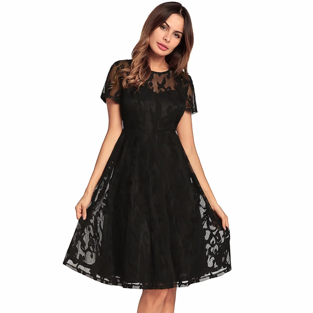 Gzgee Retro Sheer Lace Dress Female Sexy Women Pleated O Neck Short Sleeve High Waist Bandage Party Swing B1293 | Женская одежда