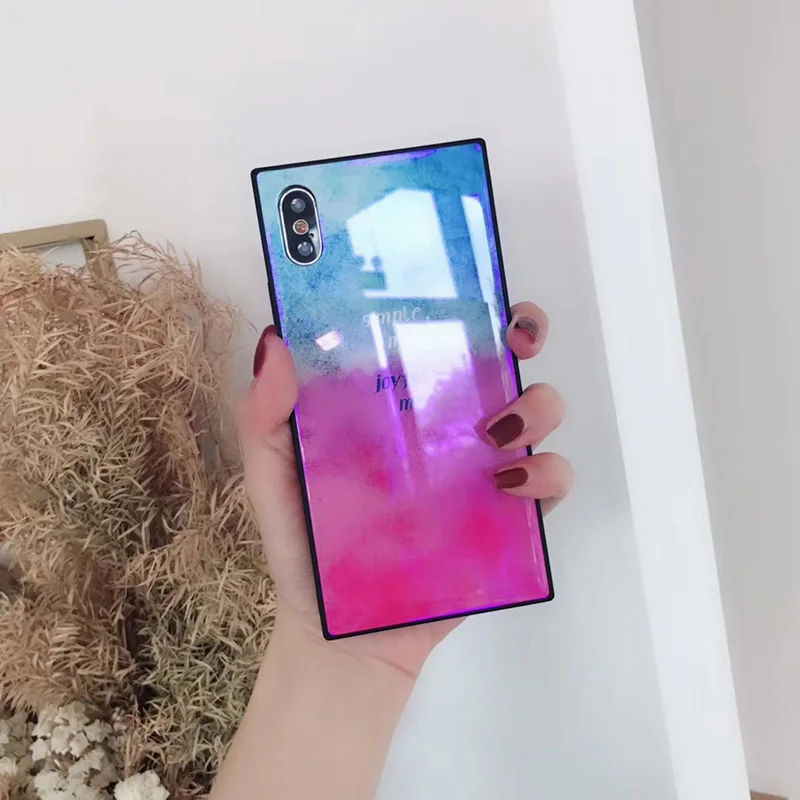 Для iphone 7 8 Blue Ray Стекло квадратный чехол для телефона X 6 плюс Роскошный Глянцевый