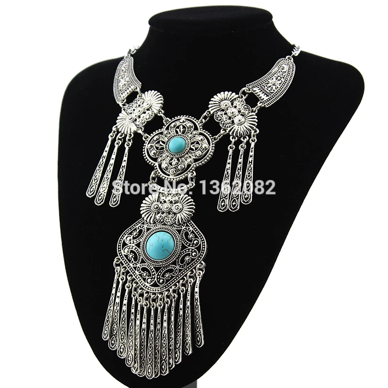 SENHUA Long Necklace for Women's Antique Silver Plated Tassels Statement Necklaces Natural Stone Pendant Sweater Chain MN612 | Украшения