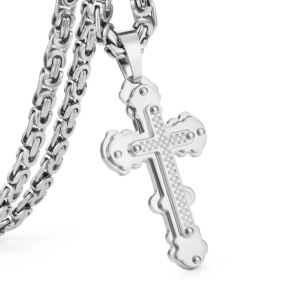 Silver Color Ожерелье с подвеской в виде Креста Иисуса, нержавеющая сталь, мужские ювелирные изделия, византийская цепочка из тополя, христианское ожерелье, серебряное золото, цвет MN56 - Окраска металла: Silver Color