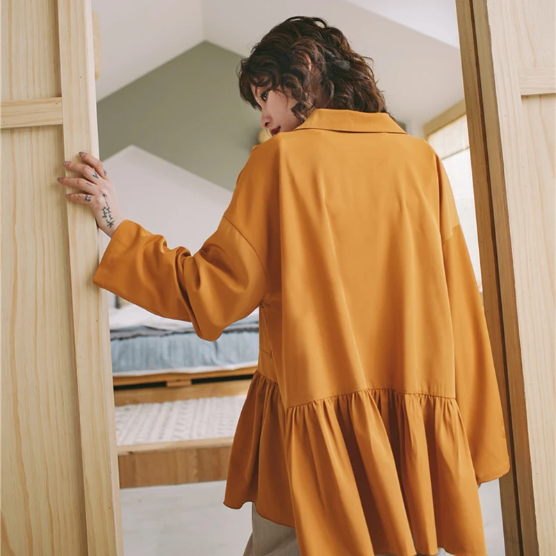 GALCAUR Vintage Ruched Blazer For Women Lapel Collar Long Sleeve Large Size Coat Female Fashion Clothing Summer New