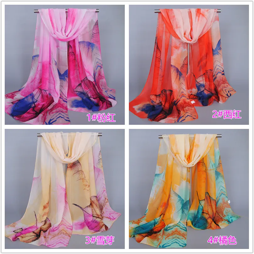 Женские шифоновые шарфы мультфильм печать листьев винтажная шаль Invierno 2016