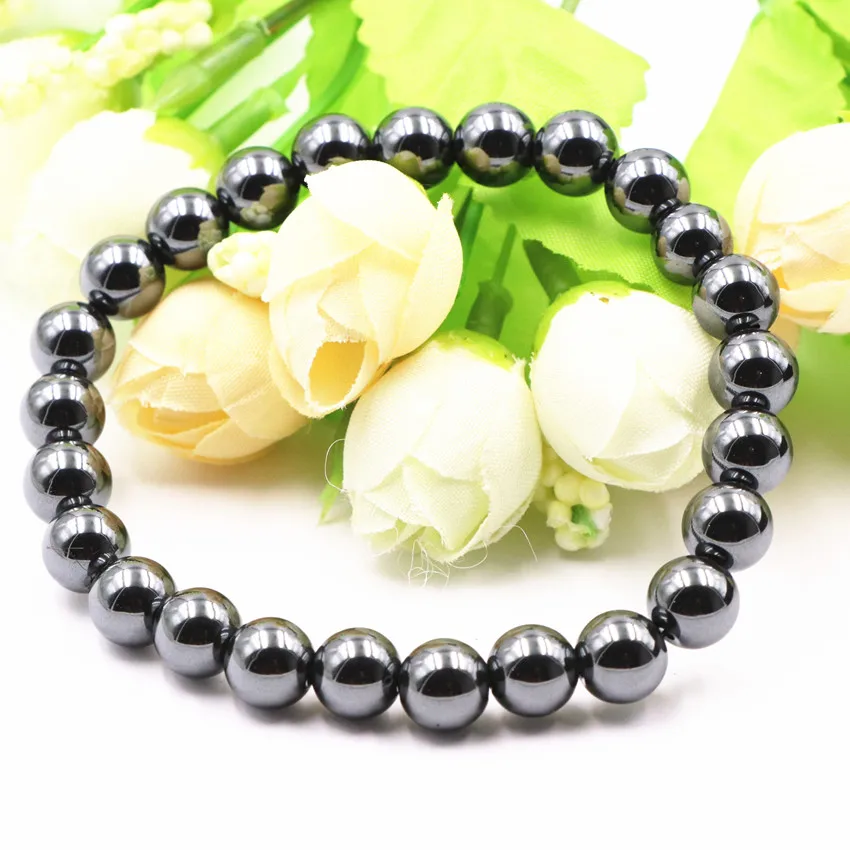 Fashion Natural Hematite Stone Strand Bracelet Statement for Women 8mm Round Beads Charms Bangle Healthy Jewelry 7.5inch A517 | Украшения и