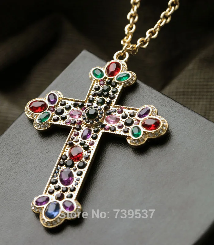 Романтический Стиль золото Цвет большой ful Стекло крест кулон длинная цепь