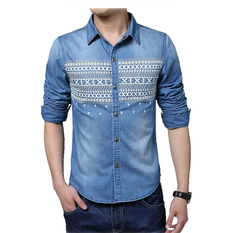 Рубашка мужская джинсовая с длинным рукавом 2017 хлопок 5XL|chemise homme|casual chemisemale slimming |