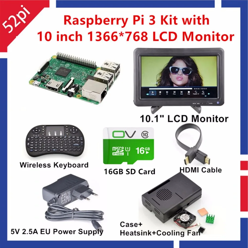 52Pi 2017 Raspberry Pi 3 комплекта с 10.1 &quot1366*768 ЖК-дисплей Мониторы + 5 В 2.5A США/