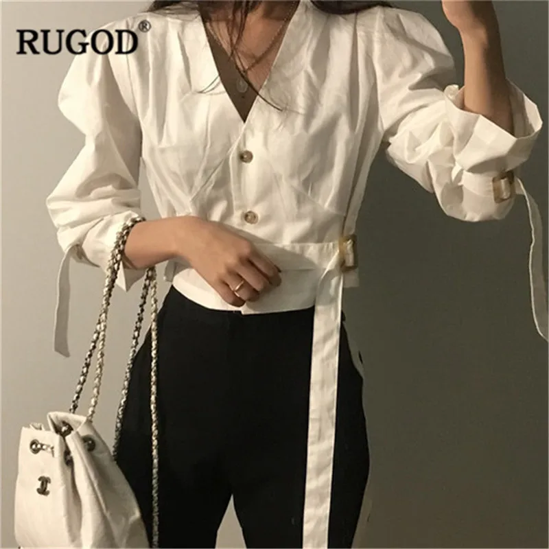 RUGOD Винтажные белые рубашки женские повседневные блузы с v образным вырезом и