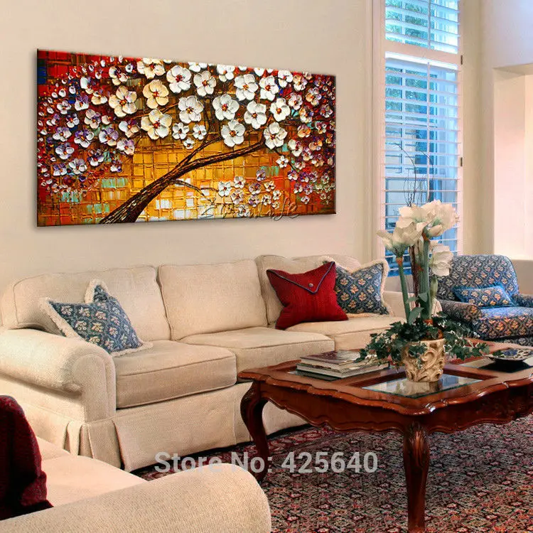 

Canvas oil painting,palette knife hand painted white flower tree ,wll pictures for living room home decor