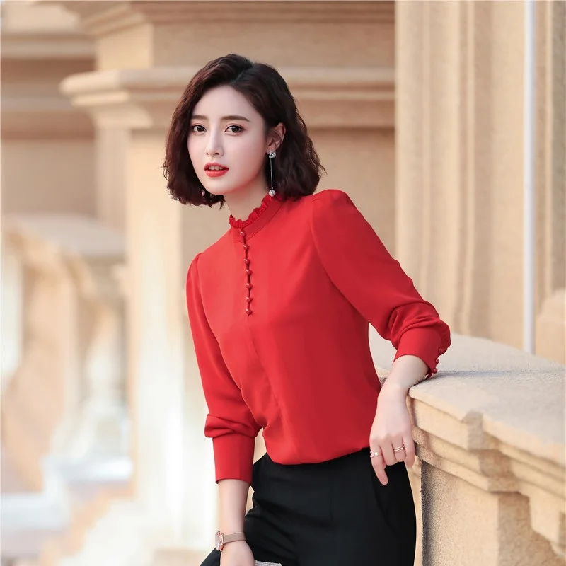 Новинка красные шифоновые блузки рубашки с длинным рукавом для женщин женская