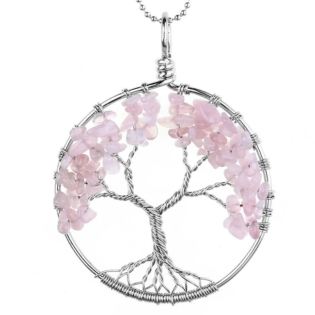 Ayliss ручной работы Wire wrap Tree of Life драгоценные камни чип дерево Подвеска для изготовления для ожерелья DIY Фиолетовый/кристалл/оливковый/зеленый авантюрин 47 мм - Окраска металла: 1pc Rose Quartz