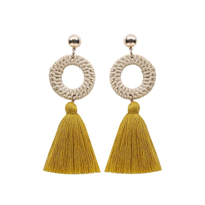 Модные желтые сережки с кисточками Boho круглые треугольные дизайнерские шикарные
