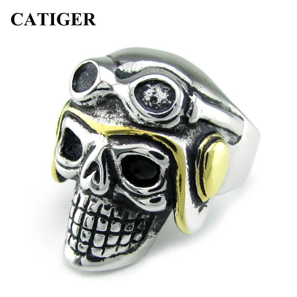 

Free Shipping Punk Size 8-14 Sun Glasses Skull Ring 316 Stainless Steel Silver color Golden Plated color Skull Pilot Head Ring