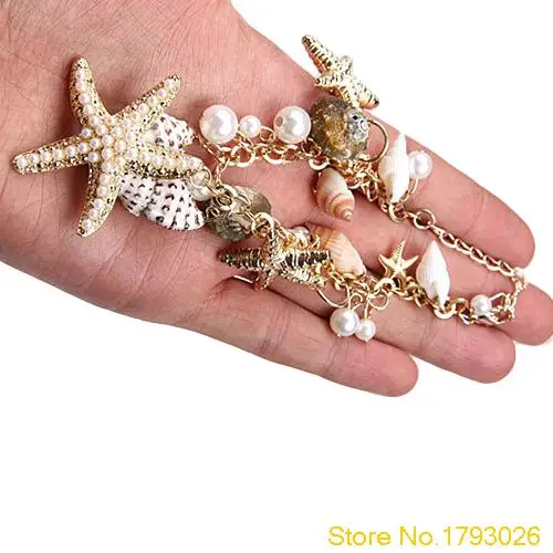 Ocean Style Multi Starfish Sea Star Conch Pearl Chain Beach Shell Bracelet Novelty Bangle 4TMR | Украшения и аксессуары