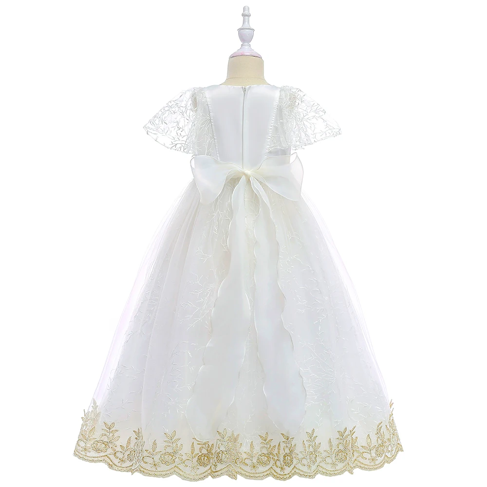 Retail Gold Elegant Lace Short Sleeves Princess Wedding Party Long Dress Appliques Girls Evening Gown LP-208 | Детская одежда и