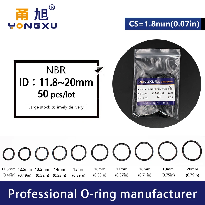 50PCS/Lot Black NBR Sealing O-Ring CS1.8mm Thickness ID11.8/12.5/13.2/14/15/16/17/18/19/20*1.8mm ORing Seal Rubber Gasket Washer |