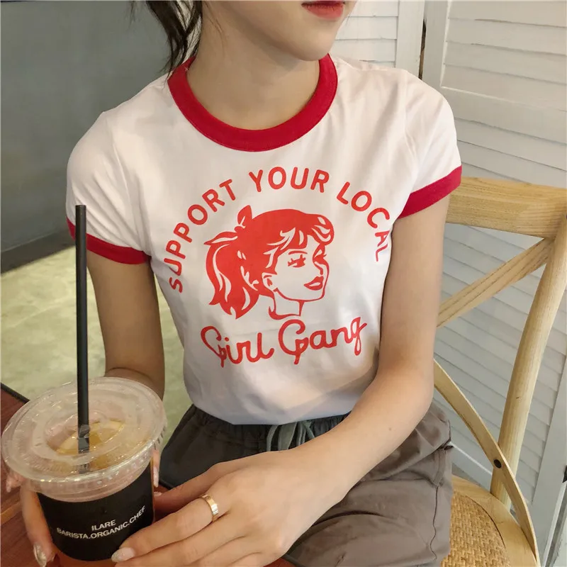 Поддержка вашего местного girl gang шить Веселые из хлопка Одежда с овальным вырезом