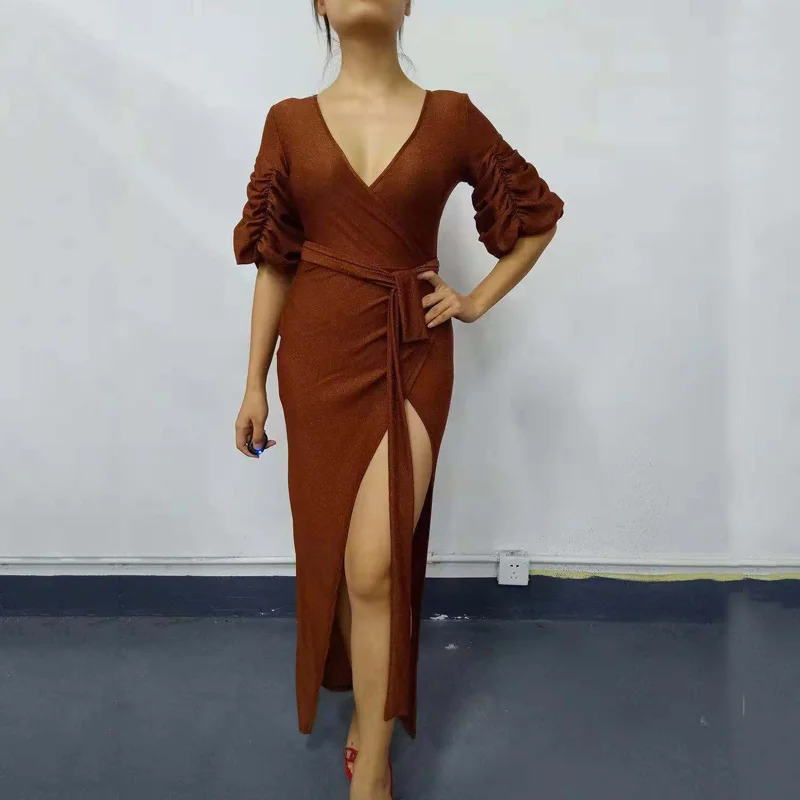 

High slit long wrap dress women Half sleeve high waist shinny dresses autumn Elegant club party dress Sexy v neck maxi vestidos