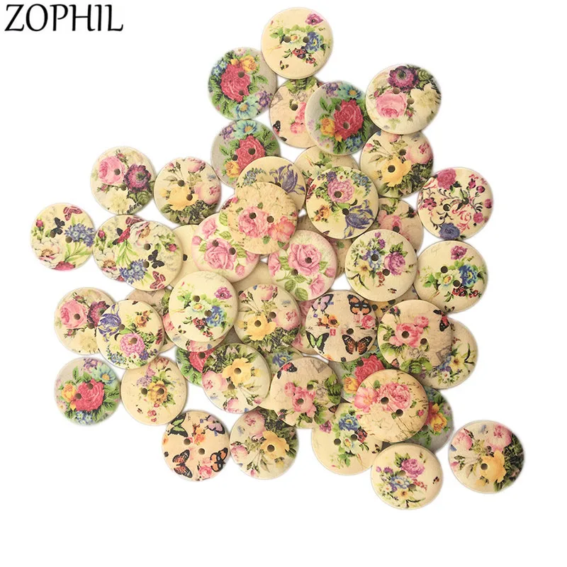 Деревянные кнопки ZOPHIL 20 мм 50 шт 2 отверстия винтажное шитье в стиле растений