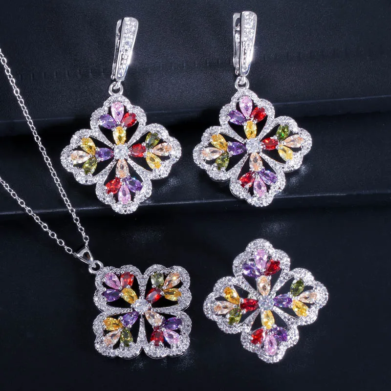 Colorful CWWZircons блестящая желтая кубическая циркониевая Бижутерия Набор большой цветок в форме листа женские серьги-обручи кольца Ювелирные наборы T328 - Окраска металла: Colorful