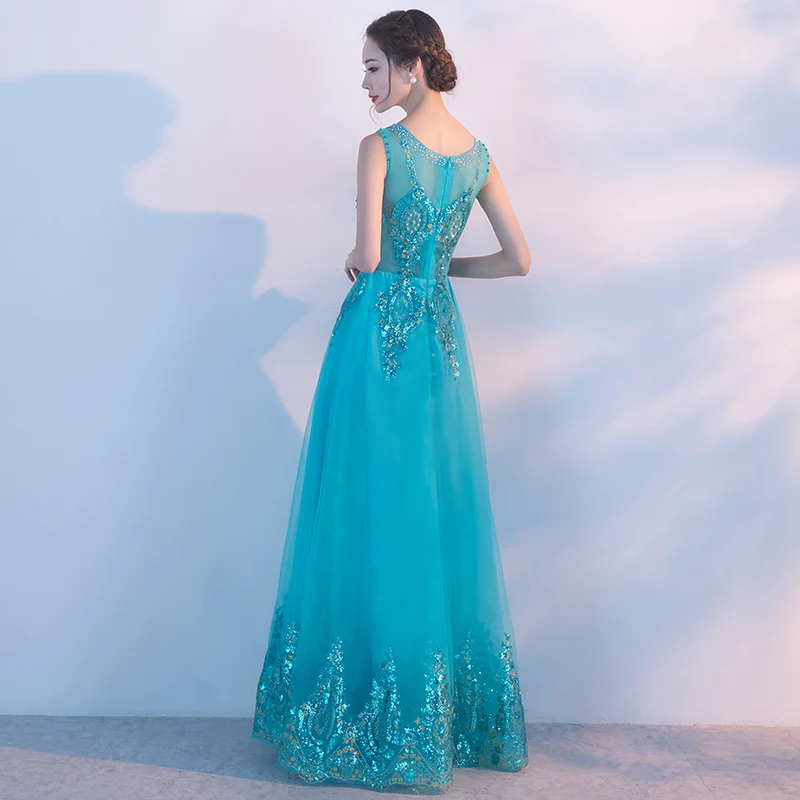 Beading dresses for graduting date Evening Dresses Tulle peacock blue stage dress twinkling Neckline Party Designs Prom Gowns | Свадьбы и