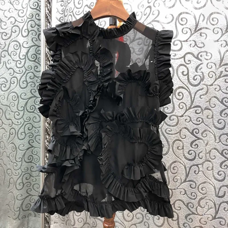 black TWOTWINSTYLE, повседневная однотонная женская блузка со стоячим воротом, без рукавов, с оборками, свободная рубашка, женская мода, лето, новинка - Цвет: black