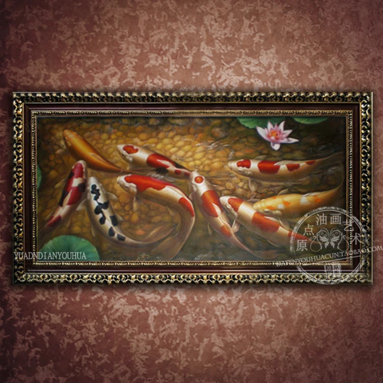 Картина маслом с девятью рыбками на удачу золотые животные смешная красивая