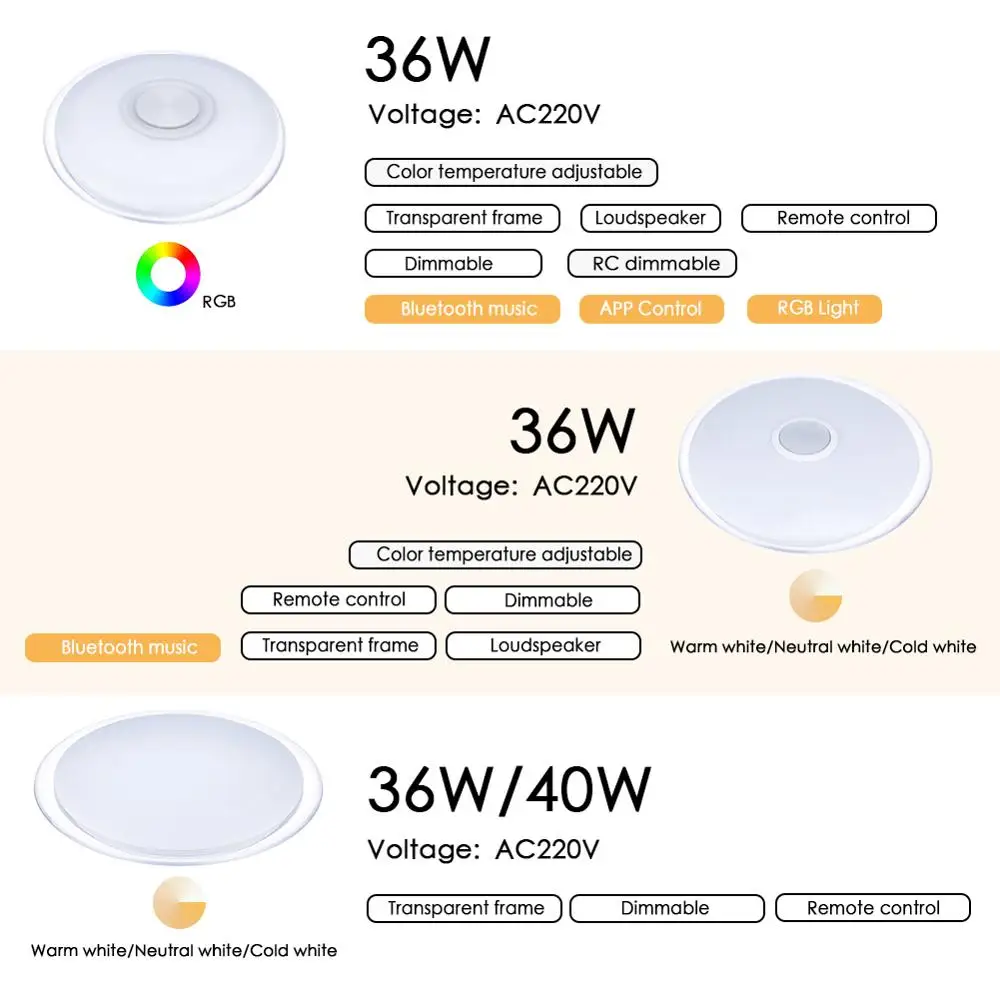 Светодиодный потолочный светильник, Bluetooth, RGB, умная музыкальная лампа с регулируемой яркостью, AC 220 В, 240 в, для гостиной, домашнего декора, вечерние, 36 Вт, 40 Вт, приложение, дистанционное управление